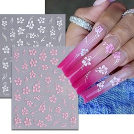 Flower Nail Stickers for Nail Art, 4Pcs Floral Nail Decals White Pink Yellow Flowers Nail Design Stickers 3D Self-Adhesive Nail Art Supplies Summer Floral Nail Decoration for Women DIY Manicure