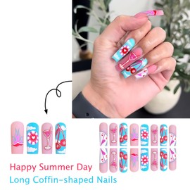 Summer Press on Nails Square Fake Nails with Goblet Cherry Cards Designs Long False Nails Pink Blue Glue on Nails Matte Artificial Nails Full Cover Stick on Nails for Women Vacation Nails 24Pcs