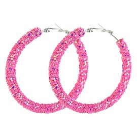 Bohemian Glitter Hoop Earrings Sparkle Resin Rhinestone Hoop Dangle Earrings for Women Round Circle Sequins Shiny Statement Earrings (Pink 2)