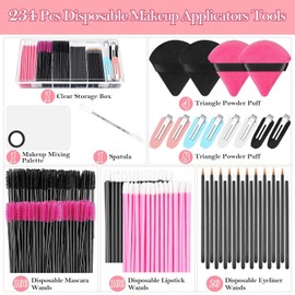 Generic Disposable Makeup Applicators Kit with Makeup Puffs, Mixing Palette, Mascara Wands, Lip Brushes, Hair Clips, Powder Puffs for Face, Storage Box (Black & Hot Pink)