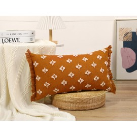 DRNOU Boho Long Lumbar Pillow Cover 16x26 with Tassel,3D Flower Patterned Cotton Decorative Long Lumbar Pillow Cover Pillow Case for Sofa Couch Bed Livingroom Farmhouse,Rust Red