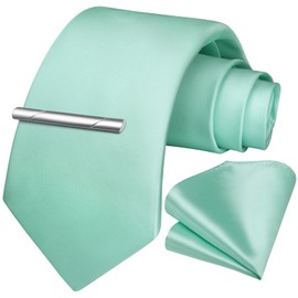HISDERN Mint Green Ties for Men Tie and Pocket Square Set Wedding Solid Color Tie on Clips Necktie Handkerchief For Business
