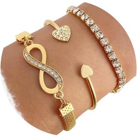 Gold Bracelets for Women, 14K Gold Plated Dainty Layered Chain Bracelets Adjustable Cute Bangle Link Bracelet Set:_Gold rhinestone unlimited snake