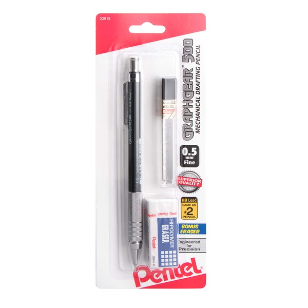 Pentel Graph Gear 500 Automatic Drafting Pencil with Lead and Mini Eraser, 0.5 mm (PG525LEBP),Black,1 Pack w/ Lead & Eraser