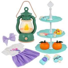 Kids Pretend Play Set with Camping Lantern, 3-Tier Dessert Stand, and Doll Outfit, Purple and Mint