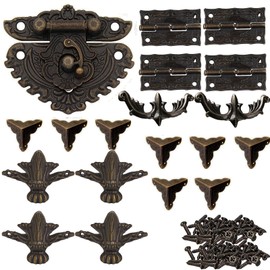 Antique Fittings Set, 19 Pieces Lock Antique Bronze Antique Hinges Vintage Corner Protection Decorative Corner Foot Feet Vintage Fittings for Wooden Boxes Gift Boxes Jewellery Boxes