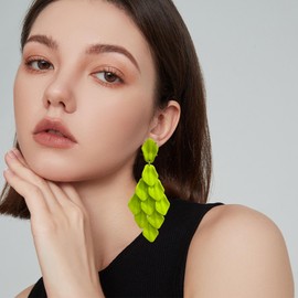 Just Follow Acrylic Rose Petal Tassel Drop Dangle Earrings Bohemian Long Layer Flower Statement Earrings for Women Gifts (Fluorescent Green)
