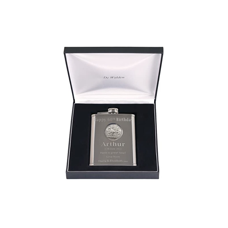 60th Birthday Engraved Hip Flask Horse Racing Feature in a