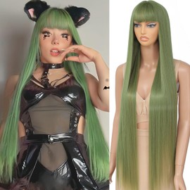 YKHJH 40 Inch Green Synthetic Wig with Bangs Super Long Green Straight Hair Wigs Glueless Synthetic Green Hair Wigs Straight Hair Green Forest Wig for Women Green Party Wig Hollaween Wigs