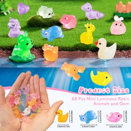 68 Pcs Mini Luminous Resin Animals, 17 Styles Tiny Resin Animals 9 Mini Gem, Mini Duck Turtle Dolphin Puppy, Glow in the Dark Micro Landscape Decorations for Doll House Garden Landscape Aquarium Decor