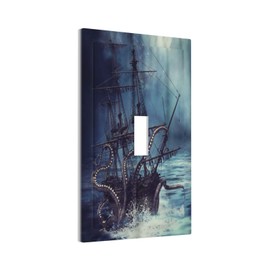 Octopus Ocean Kraken Nautical Pirate Ship 1 Gang Light Switch Covers Decorative Unique Single Toggle Wall Plate Switchcover Electrical Switchplate for Kitchen Bathroom Bedroom Decor