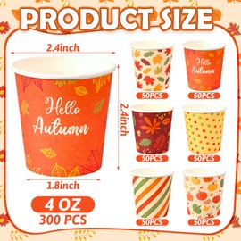 300Pcs Fall Thanksgiving Paper Cups 4Oz Colorful Pumpkin Maple Leaves Small Disposable Coffee Espresso Cup Hello Autumn Drinkware Set for Harvest Holiday Supplies, 6 Styles