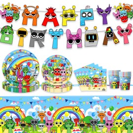 Cartoon Party Tableware Set, Incredibox Children's Birthday Party Paper Plates Set, Sprunki Children's Birthday Paper Plates Set for Parties, Christening Birthday Party (Pink)