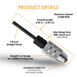GYROS Keyless Mini Adapter Chuck, ⅛ Inch Straight Shank with 3 Collets, Small Drill Bit Adapter Chuck sized 0 to 0.098 Inch for Micro Drill Bits #40-#80, Micro Drill Chuck for Dremel and Power Tools