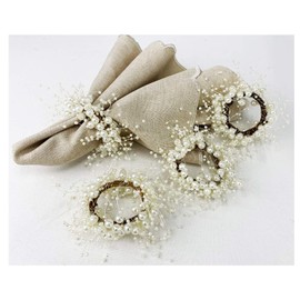Fennco Styles Handmade Beaded Faux Pearl Wreath Napkin Rings, Set of 4 - Ivory Napkin Holders for Home Decor, Dining Room, Wedding, Banquets and Special Occasions