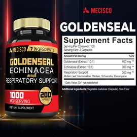 Mecisco Goldenseal Root Capsule Organic with Echinacea, Mullein Leaf, Plantain & More - 7 Premium Herbal Supports Immune System, Digestive Health, Smooth Breathing, and Body Management - 200 Capsules