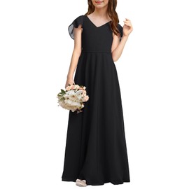 Galawaqe Kids Junior Bridesmaid Dresses Chiffon Flower Girl Dress for Teen Girls A-line V-Neck Ruffle Sleeves Long Party Pageant Gowns