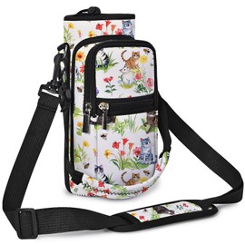 AORTDES 25/32/40/64oz Water Bottle Bag Holder Carrier-Insulated Crossbody Sling Case Sleeve with Strap & Pockets for Men Women Gym Cycling Travel Walking Hiking Camping (Garden Cat, 25oz)