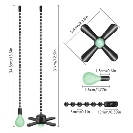 Dotlite Black Ceiling Fan Pull Chain Set, 2Pack 3mm Diameter Beaded Fluorescent Decorative Pendant Extension, 12in Lighting & Fan Chain Extender with Connector Glow in The Dark(Black)