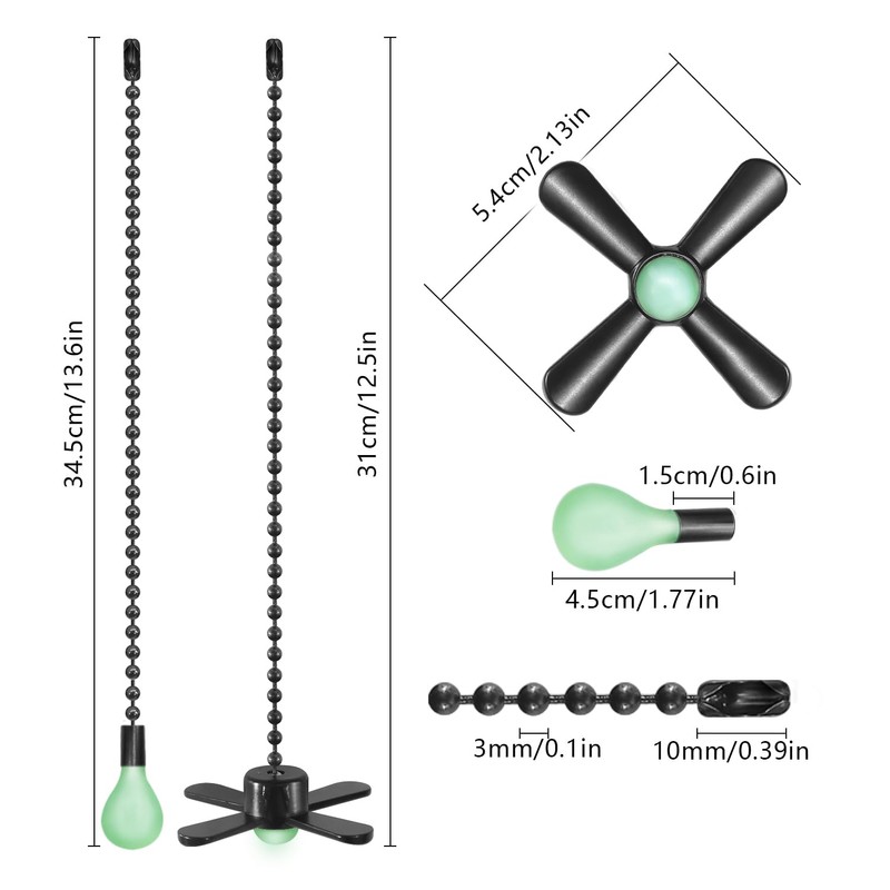 Dotlite Black Ceiling Fan Pull Chain Set, 2Pack 3mm Diameter