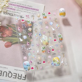 Summer Nail Stickers Beach Nail Decals 3D Self Adhesive Nail Art Stickers Starfish Bow Shell Palm Tree Design Colorful Nails Sticker for Nails Art Decoration Acrylic Manicure Supplies Kit for Women