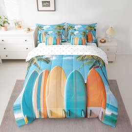 Erosebridal Palm Tree Surfboard Comforter Set Queen 7 Piece Ocean Surf Bed in a Bag for Surfer,Coastal Beach Bedding Set (1 Comforter,1 Fitted Sheet,1 Flat Sheet,2 Pillowcases,2 Throw Pillow Covers)