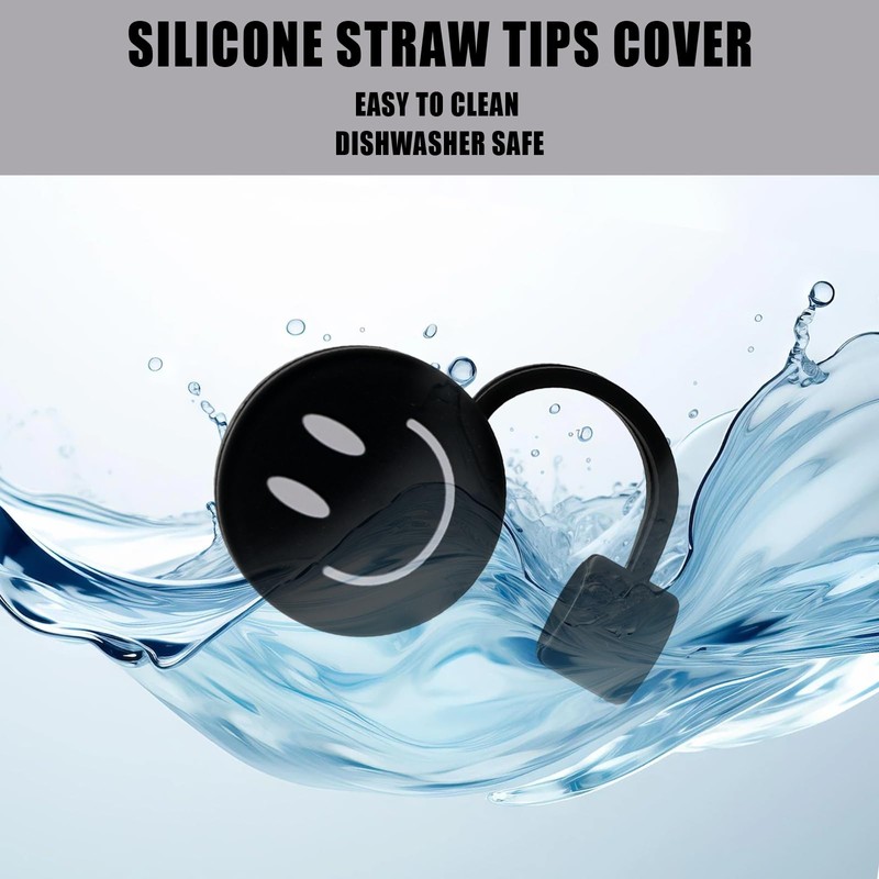 Whaline 6Pcs Black Smile Face Straw Covers 0.4 Inch Silicone
