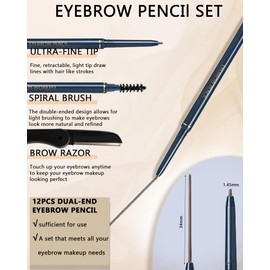 Eyebrow Pencils Kit, 12Pcs Dual-End Grey Retractable Brow Pencil with Brush, Waterproof Long Lasting Ultra-Thin Eyebrow Pencil, Professional Eye Makeup Gifts Set with Brow Razors for Women-Kit 04