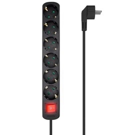 Steckdosenleiste mit 6 Ausgängen, mit Schalter, Kabel 3 x 1,5 mm², Länge 1,4 m, Farbe Schwarz. Ideal zum Verteilen von Strom und zum Schutz elektrischer Geräte.