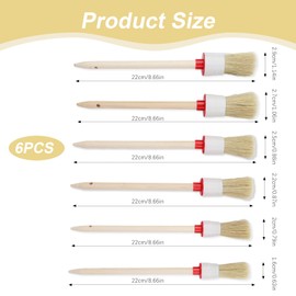 Set of 6 Bristle Brushes, Round Brushes in 3 Sizes, Natural Wood Handle and Natural Bristles, Wall and Furniture Paints for Home Use