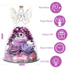 Tiaronics Christmas Rose Gifts for Women Preserved Real Flower in Glass Angel Figurines Roses for Delivery Prime Birthday Gifts for Mom Grandma Girlfriend Wife Her, Multi Purple