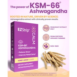 EZStrip Calm Supplement - Honey Lemon Flavor, 30 Count - Dissolving Calming Strips with Ashwagandha KSM 66 Help Support Stress Relief - Made in The USA, Sugar and Gluten-Free