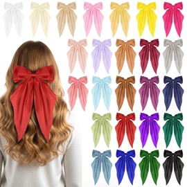 25 Pcs Satin Hair Bows Bulk, Vintage French Long Tail Silky Big Hair Bows Oversized Soft Satin Bow Barrettes Cute Big Bow Hairs Accessories for Womens Girls (25 Color)