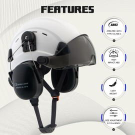 LOHASWORK ANSI Z89.1 Hard Hat with Visor and Ear Protection,OSHA Arborist Helmet Hard Hat Ear Muffs Visor for Chainsaw Forestry Construction Tree Work(A91 White+Tinted Visor)