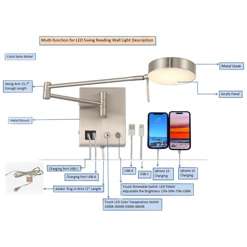 HomeFocus Swing Arm Wall Light,Bedside LED Reading Wall Light with