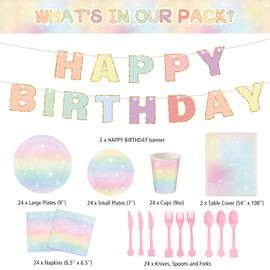 172 Pcs Pastel Rainbow Birthday Party Supplies Including Rainbow Tablecloth Cups Napkins Boho Plates Forks Cutlery Happy Birthday Banner Dinnerware for Baby Shower Girls Wedding Party Decoration