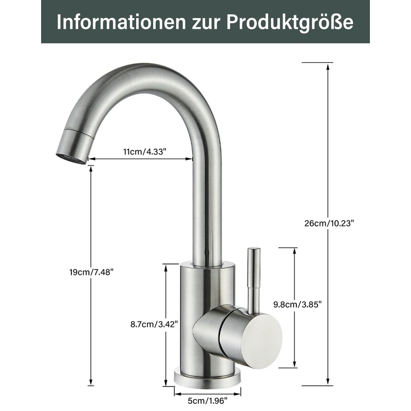 Hbronzeshower Bathroom Tap, 360° Swivel, Single-Lever Basin Mixer Tap (Brushed)