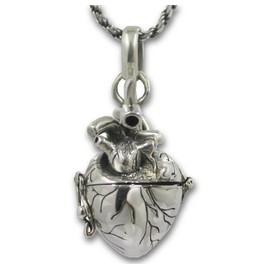 Pearlina Anatomical Heart Necklace Solid Sterling Silver 3d Antique Finish Message Note Holder or Pill Box Pendant Locket Opens (Heart with 24" Solid Silver Rope Chain)