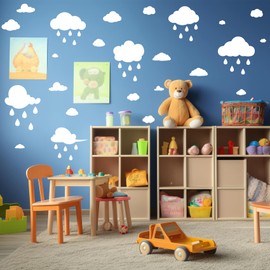 Quanyuchang Large White Clouds and Raindrops Wall Decals, Removable Vinyl DIY Peel and Stick Big Clouds Wall Stickers for Children Baby Kids Boys Girls Bedroom Nursery Decor (White)