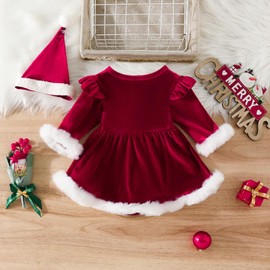 HodJIU Mother Christmas Baby Girl Dress Christmas Red Velvet Long Sleeve + Hat Costume Outfit Christmas Father Clothing Winter Children, Fur Red