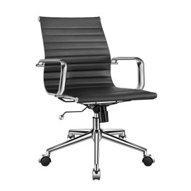 LUXMOD Modern Office Chair, Mid Back Office Chair Black, Desk Chair with Armrest, Black Conference Chair, Ribbed Office Chair, Black Swivel Chair-Black