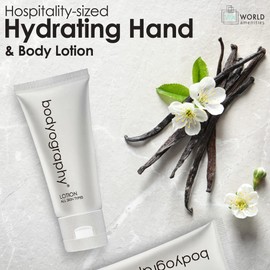 World Amenities Bodyography blanc- Bulk Hand and Body Lotion, 50 Count,1.4oz, Vanilla White Tea, Mini Travel Size Toiletries (100% Recyclable Tube with Flip Top Cap), Suitable for All Skin Types
