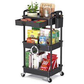 EaseSky EaseSky Rolling Utility Cart with Drawer 3 Tier, Utility Storage Organizer with Plastic Shelf & Lockable Wheels Multifunctional Storage Cart for Kitchen, Bathroom, Office, Living Room, Black