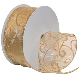 Morex Ribbon 7416.60/50-623 Swirl 2.5" X 50 YD Nylon Sheer Curling Wired Glitter Ribbon, Gold/Bronze, Holiday Ribbons for Crafts and Christmas Decorations, Indoor Christmas Ribbon for Gift Wrapping