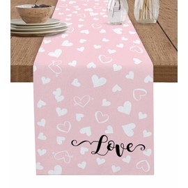 Pink Valentine's Day Table Runner, Valentines Love Heart Cotton Linen Tablecloth Spring Holiday Farmhouse Table Decorations for Home,Kitchen,Dining Room,Indoor,Outdoor,13X108 Inches Extra Long,
