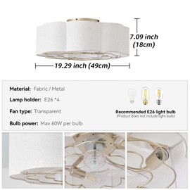 Phrylix 20" Boho Ceiling Fans with Lights, Low Profile Ceiling Fan with Light Remote Control, Flush Mount Bladeless with 6 Speeds for Bedroom, Nursery, Living Room.