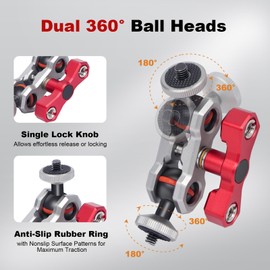 Mechrig Dual Ball Head Camera Mount with 360 Degree Adjustment - Aluminum Alloy Clamp for Insta360/GoPro/Camera Cage/LED Light/Microphone - 1/4" & 3/8" Screw Holes with Anti-Slip Design 61013