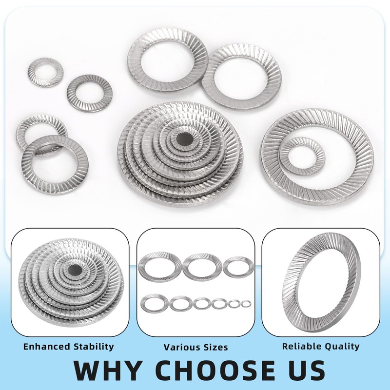 Glarks 160pcs M3/4/5/6/8/10/12/14/16 Double Side Lock Washer, 304 Stainless Steel