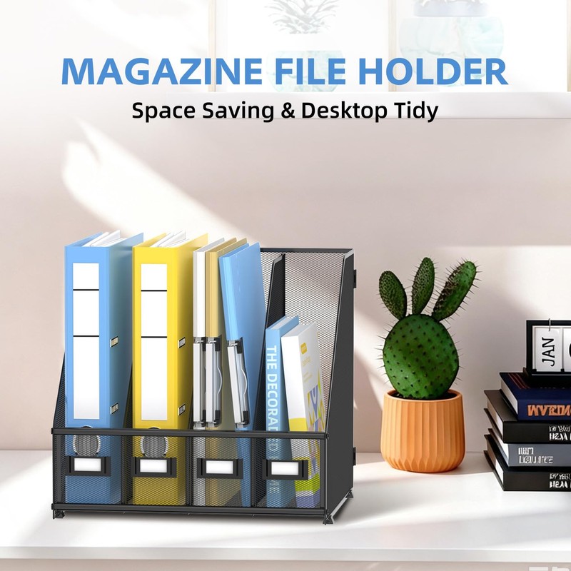 4 Vertical Compartments Magazine File Holder, Metal Binder Organizer, Black
