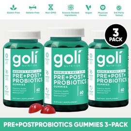 3 Bottles of Goli Pre, Post, Probiotics Gummy - World's First 3-in-1 Gluten-Free, Vegan, Non-GMO, and Gelatin-Free.